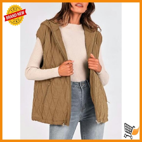 Sleeveless Hooded Zip-Up Puffer Vest, Cotton Padding, Pockets, Oversized Fit - Picture 6 of 8